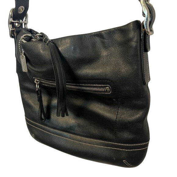 COA Coach Black Leather Shoulder Bag Tote Purse Duffle Tassel White Stitch Fring - Picture 3 of 15